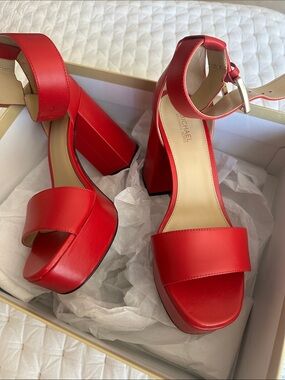 Michael Kors Red Platform Block Heel Sandals with Ankle Strap